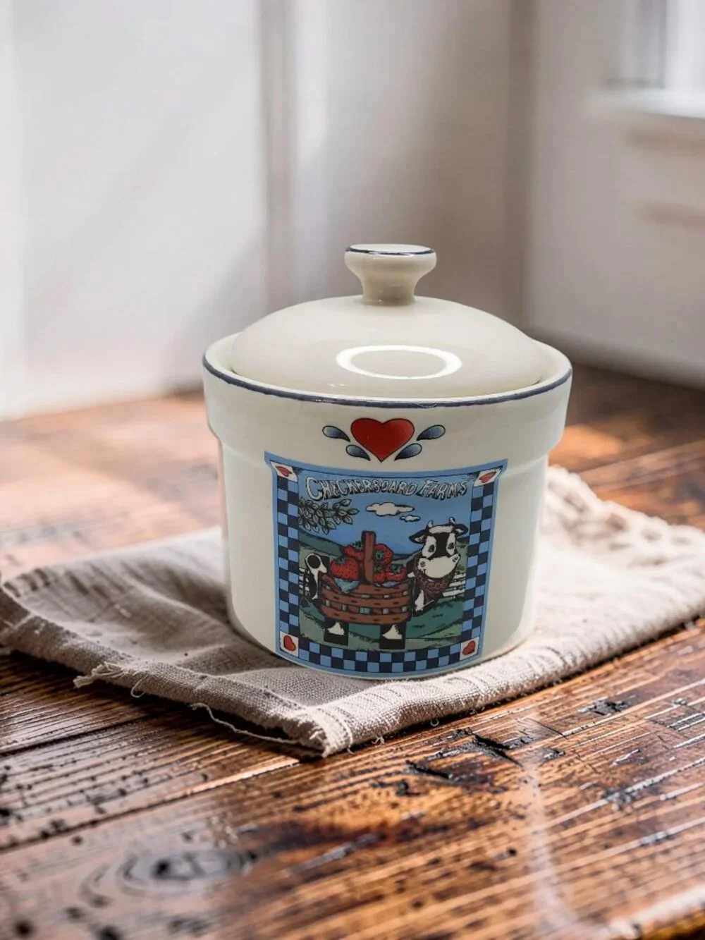vintage transfar international ceramic checkerboard farms small crock